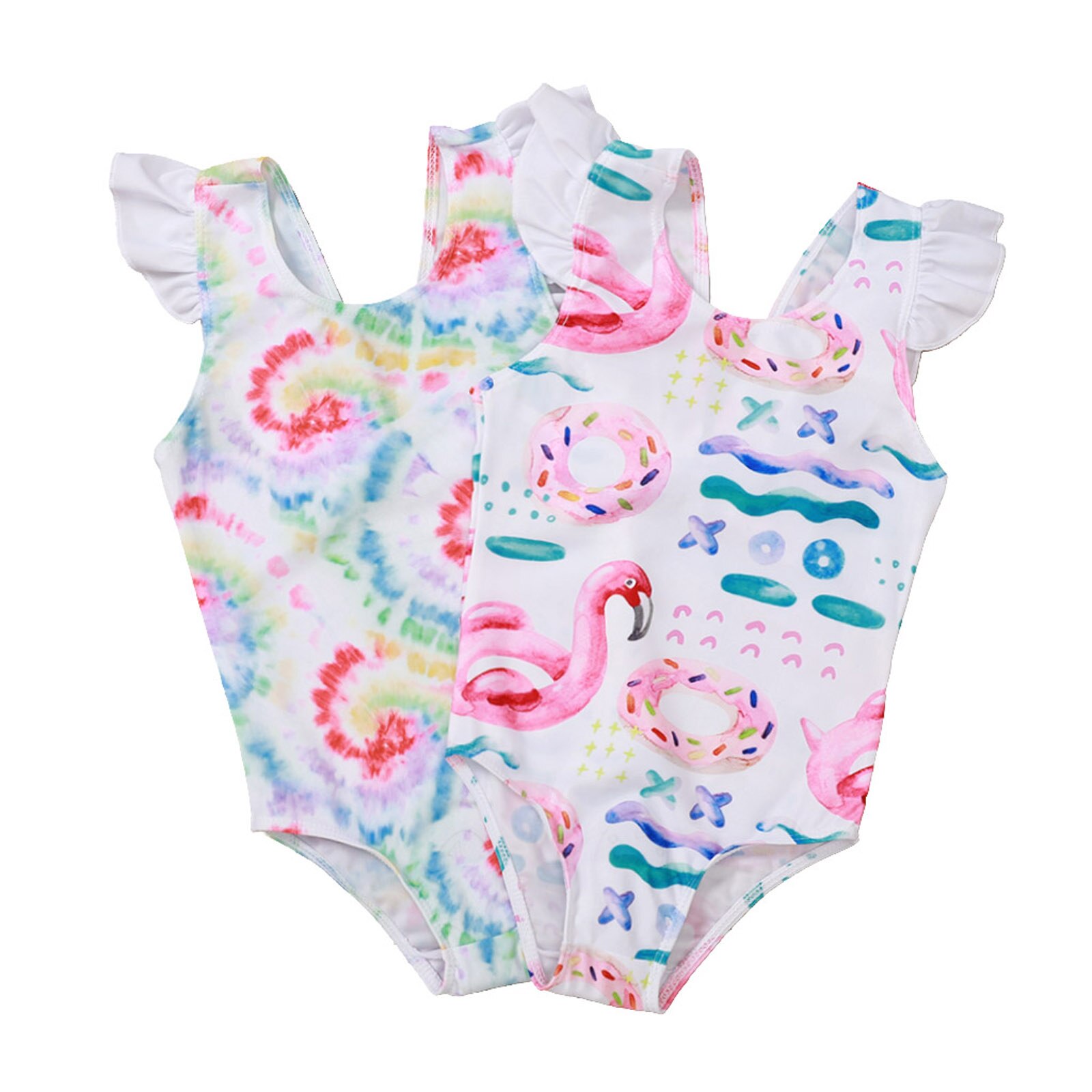 Breathable Little Girls One-piece Swimsuit, Summer Children Cute Flamingo/Tie-dye Printing Fly Sleeve Swimwear for Vacation