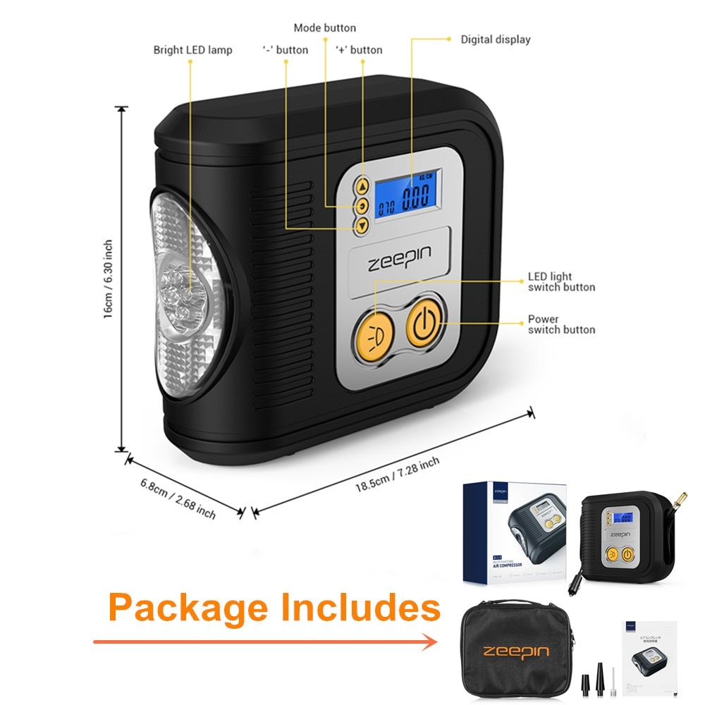ZEEPIN 12V Auto Compressor 150psi 120W Auto Bandenpomp Met Band Manometer/3 Nozzles/LED licht/Automatische Uitschakeling