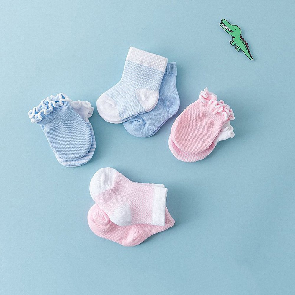 4pairs Newborn Baby Gloves Socks Sets Protection Face Newborn Baby Mittens Anti-scratch Cotton Striped Breathable Elastic Gloves