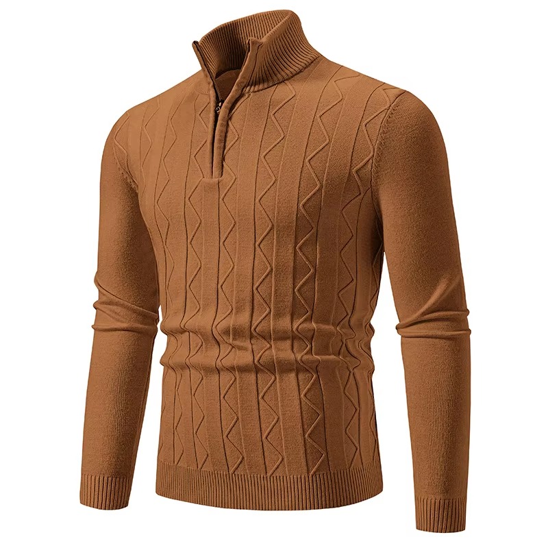 Automne quart de fermeture éclair pull hommes pull tricot à manches longues pull hommes hiver mince décontracté col roulé faux cou chandails: L / Marron