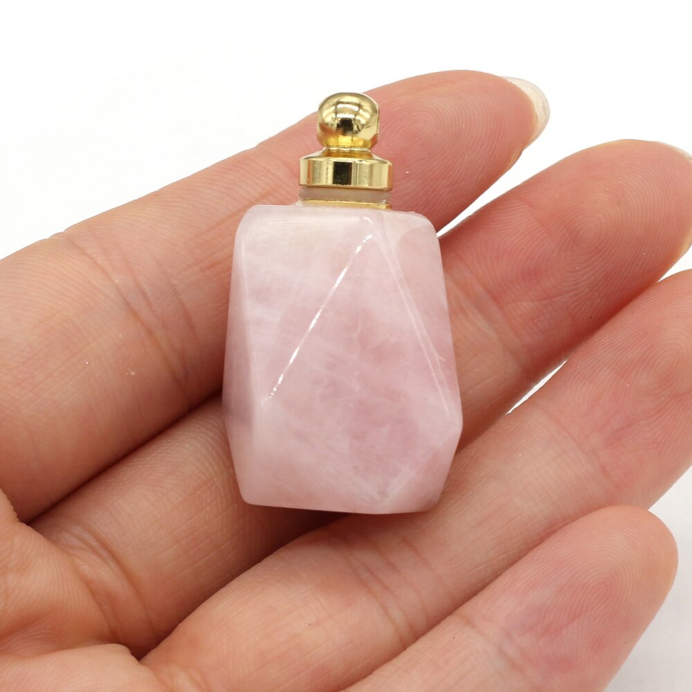 Natural Gem Stone Faceted Perfume Bottle Pendant Quartz Agates Essential Oil Diffuser Charms for Jewelry Making Necklace 25x37mm: Rose Quartz