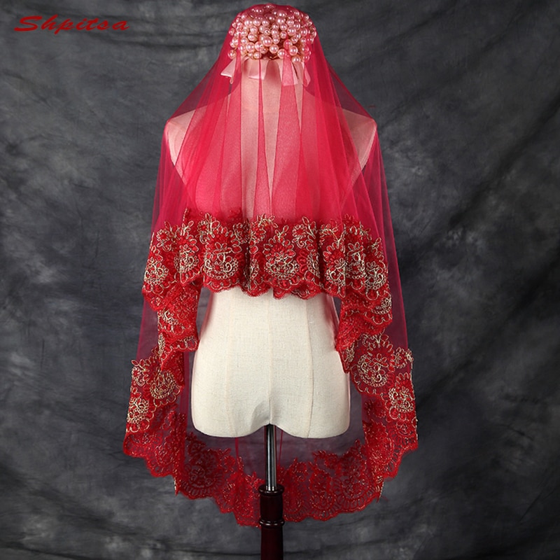 Red Lace Wedding Veil Short One Layer Bride Bridal Veils