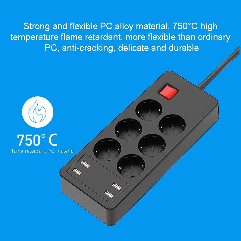 Elektrische Steckdosen Hause Outlet 6 Surge Protector Mehrere Verlängerung Steckdose mit 4 USB Port EU Stecker