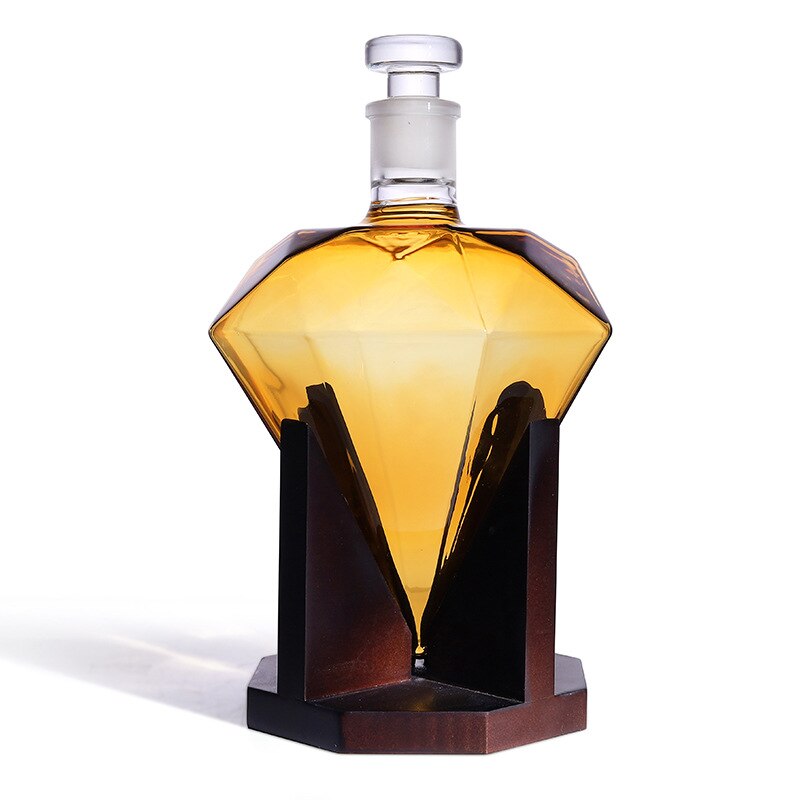 Decantador de whisky Hellodream de lujo en forma de diamante con soporte de madera para licor Scotch Bourbon 850ml