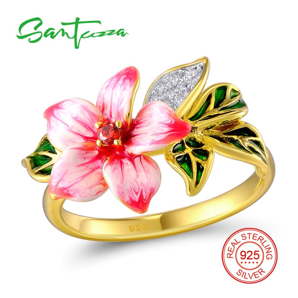 SANTUZZA Silver Ring For Women Authentic 925 Sterling Silver Pink Blooming Flower Charming Jewelry Handmade Enamel