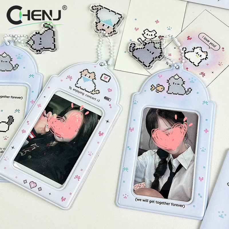 Soporte para tarjetas de fotos de gato de dibujos animados, decoración creativa de , álbum de fotos de ídolo, fundas protectoras, estuche de almacenamiento de tarjetas colgante
