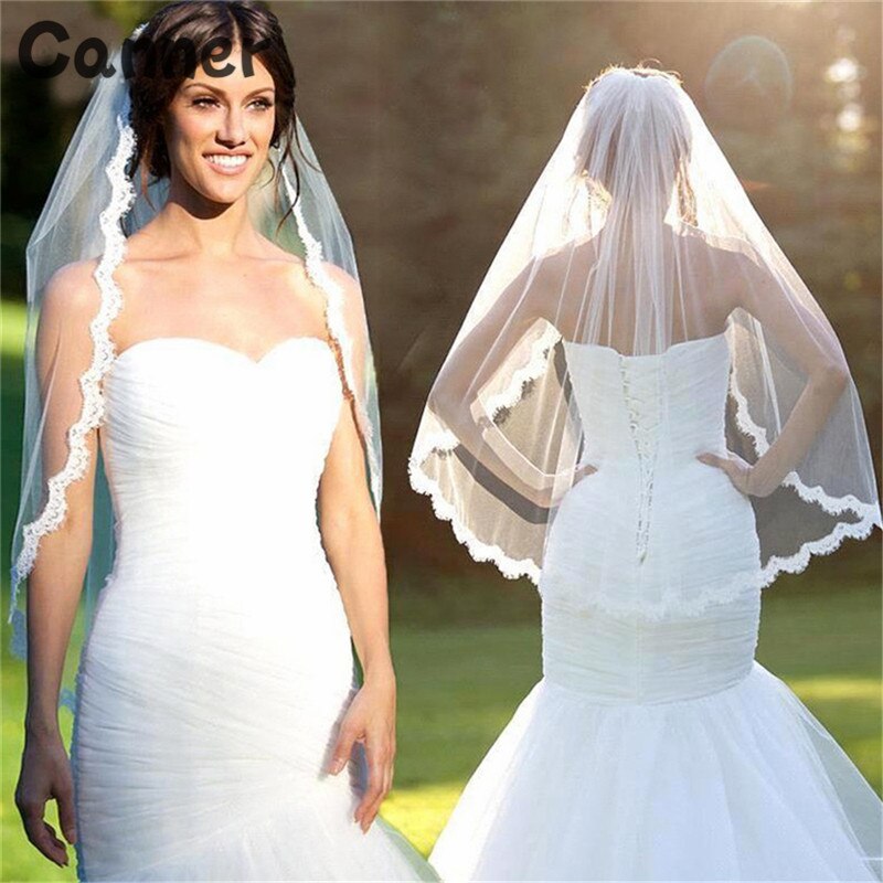 Inmaker Korte Bruiloft Sluier Wit Lvory Een Layer Lace Flower Edge Applicaties Bridal Veils Bruiloft Accessoires