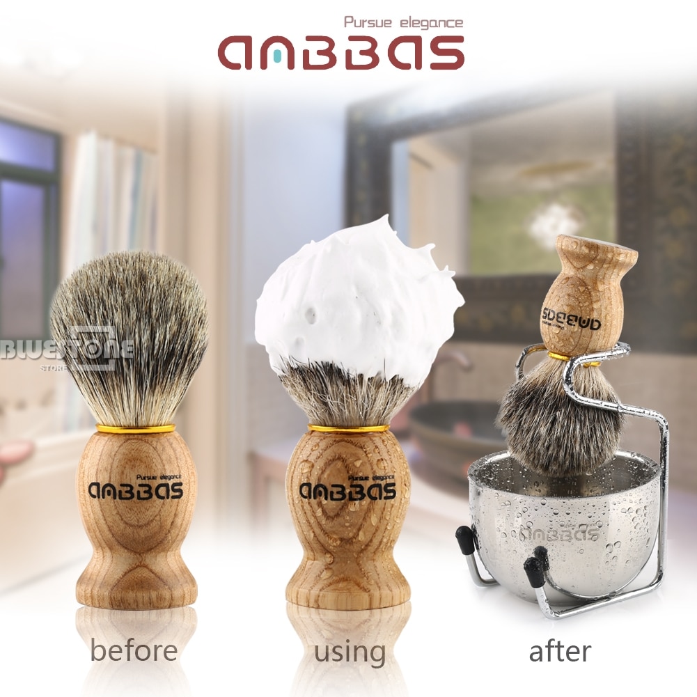 Anbbas Dassenhaar Scheerkwast + Rvs Shave Brush Stand en Kom