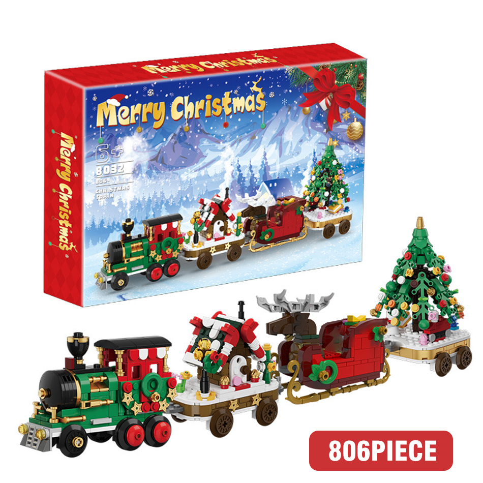 Christmas Micro Building Blocks Train Santa Claus Sleigh Carriage Christmas Tree Assembly Bricks Toys Year Kids: Wood