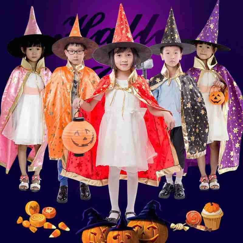 Halloween Mantel Kinderen Prestaties Kostuum Kleine Tovenaar Vijf-sterren Heks Mantel Cosplay Pak Hoed O1U7