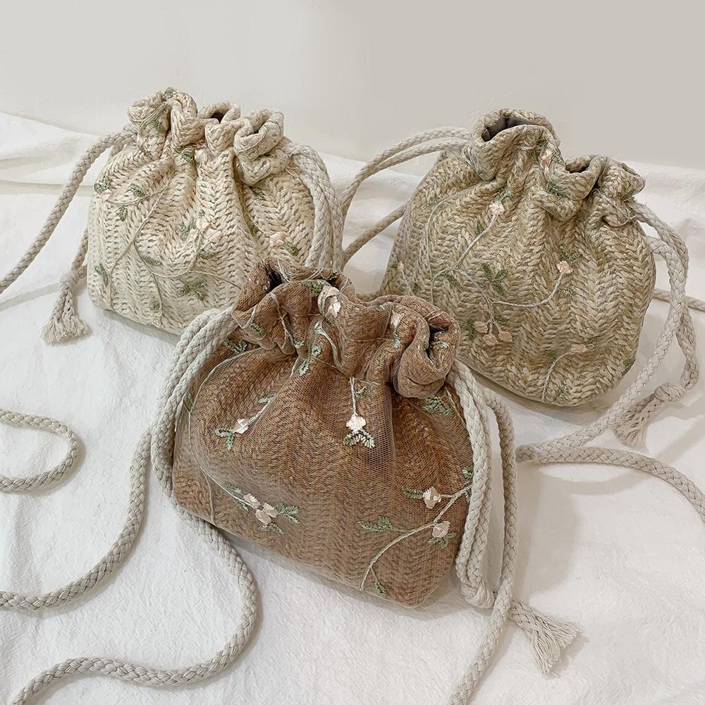 Female Casual Embroidery Lace Flower Decor Shoulder Handbags Women Straw Drawstring Crossbody Messenger Bags bolsa feminina