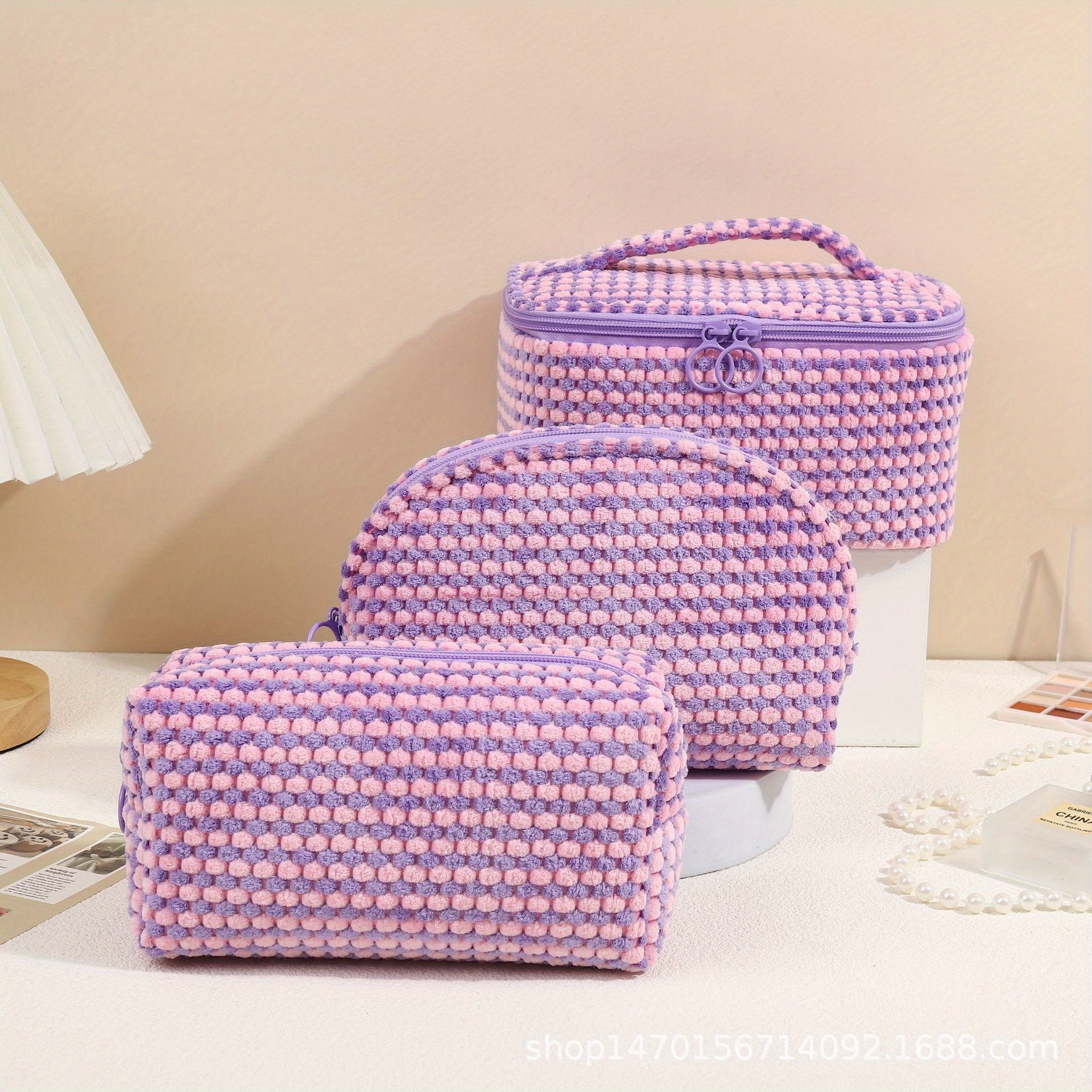 3 unids/set de bolsas de maquillaje simples y elegantes, bolsa de cosméticos a cuadros de felpa para cosméticos y artículos de tocador: Negro