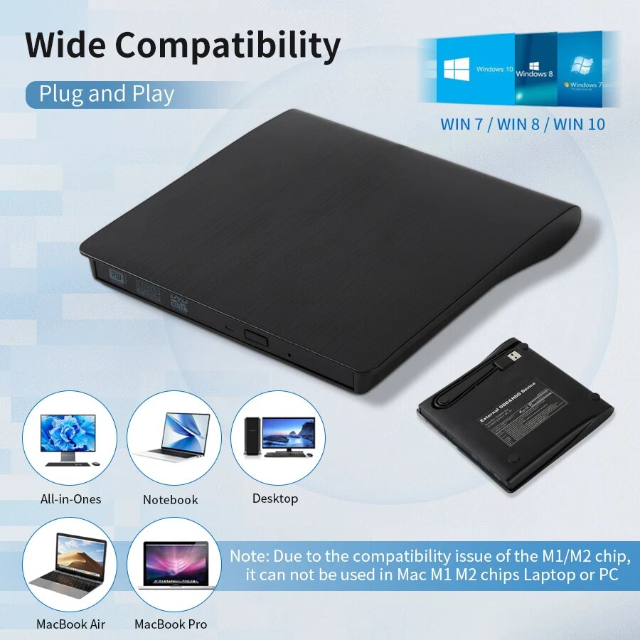 AMMTOO External CD DVD Drive USB 3.0 Portable Fits for DVD-R DVD-RW Player Burner for PC Laptop Computer Windows 10/8/7