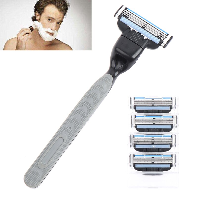 4pcs Razor Blade With 1 Razor Handle Cassette Shaving Blade For Men Face 4-Layer Blades Compatible For Mache 3 Machine