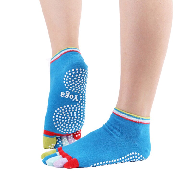 Chaussettes de Yoga à cinq doigts pour femmes, antidérapantes, colorées, en coton, avec poignées et points en Silicone antidérapants, tailles 34 à 39, paire/lot: Blue