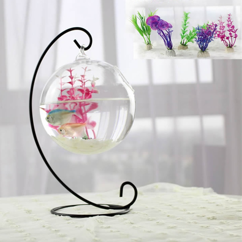 Mini Desktop Fish Tank Ornament Hanging Display Rack Aquarium Plant Pot With Metal Stand Home Decor Garden Supplies