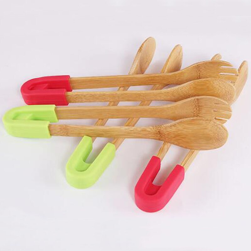 Bamboe Voedsel Tang Salade Taart Snack Clip Grip Broodrooster Tang Siliconen Handvat Brood Tang Gebak Klem Keuken Gereedschap Accessoires