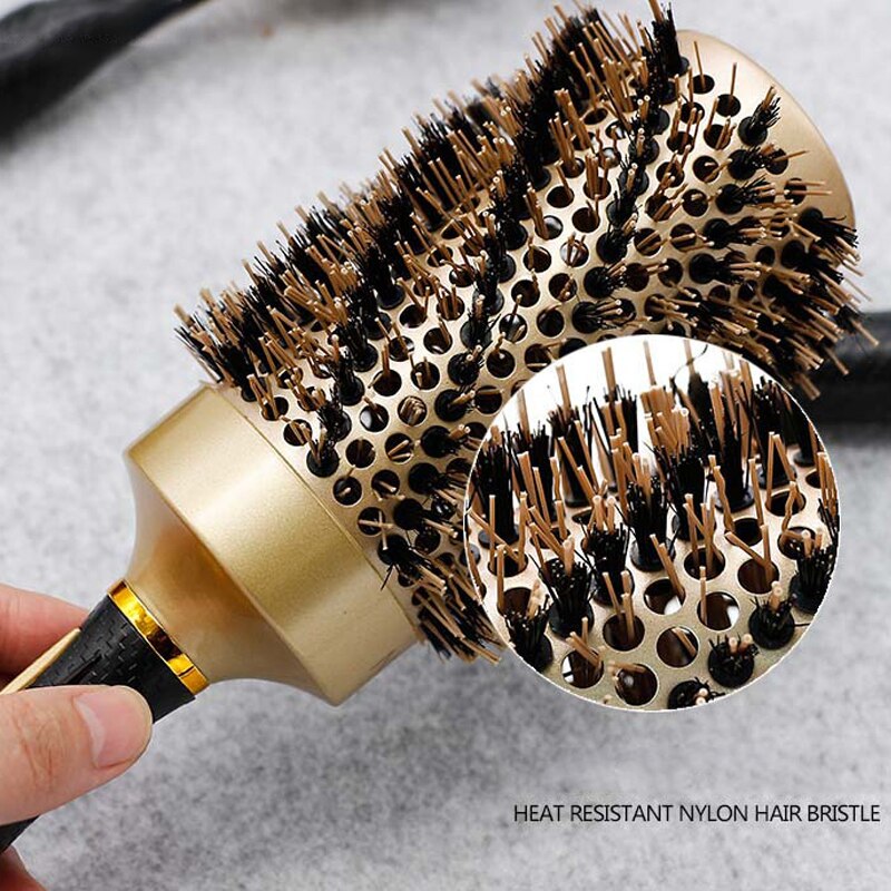 4 Sizes Handle Gold Hair Round Ceramic Brush Boar Bristle Hairdressing Thermal Brush For Hair Curling Aluminum Barrel Comb