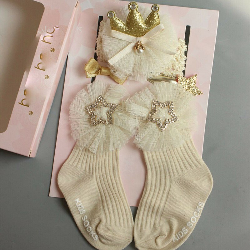 Newborn Baby Socks Headband Set Toddler Kids Crib Ankle Socks Hair Band Bow Hair Clip Set Princess Cute Lovely: D