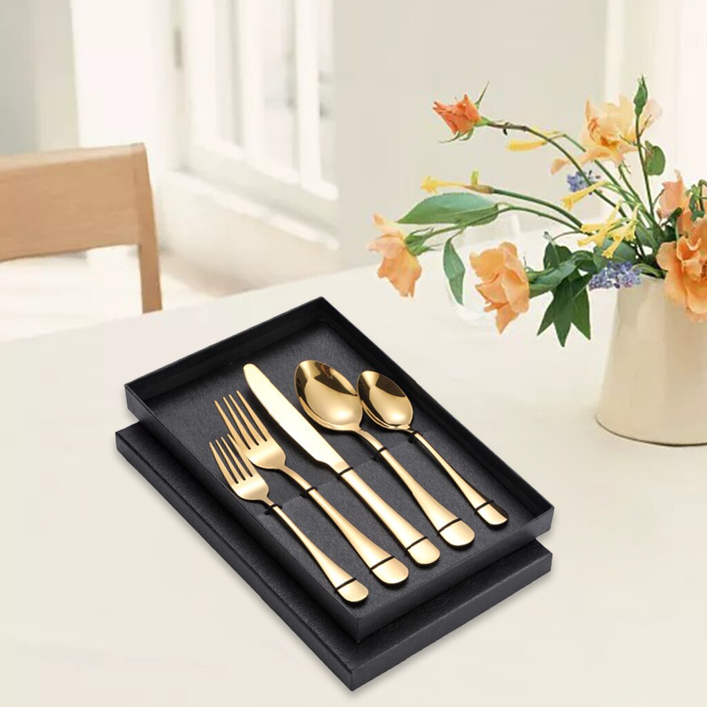 Cubiertos de viaje de acero inoxidable, vajilla reutilizable para comer, Picnic, Servicio de cubiertos, utensilios para cena, juego de , 5 uds.: Gold