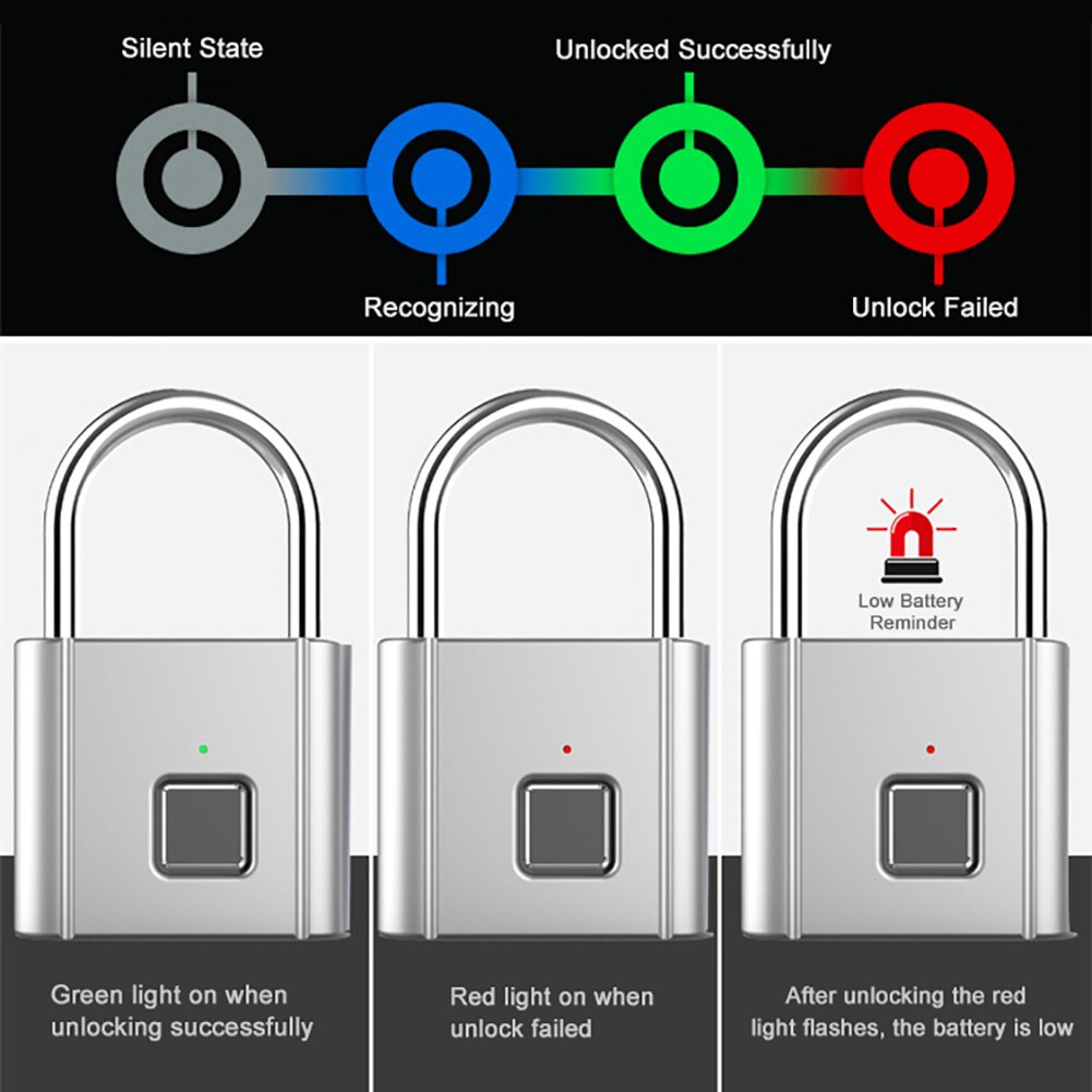 Candado de huella digital inteligente impermeable, cerradura de puerta con huella dactilar, antirrobo, sin llave, recargable por USB, para cajón y maleta