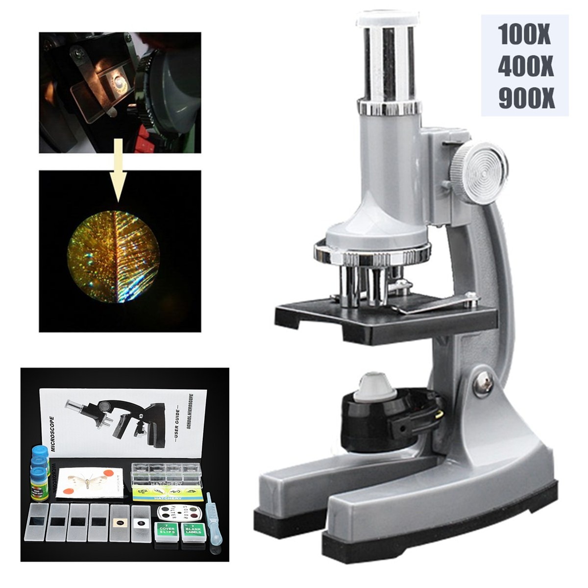 LED Portable Microscope Kit 100x 400x 900x Magnification Educational for Lab Home School Educational Toy Kids Child