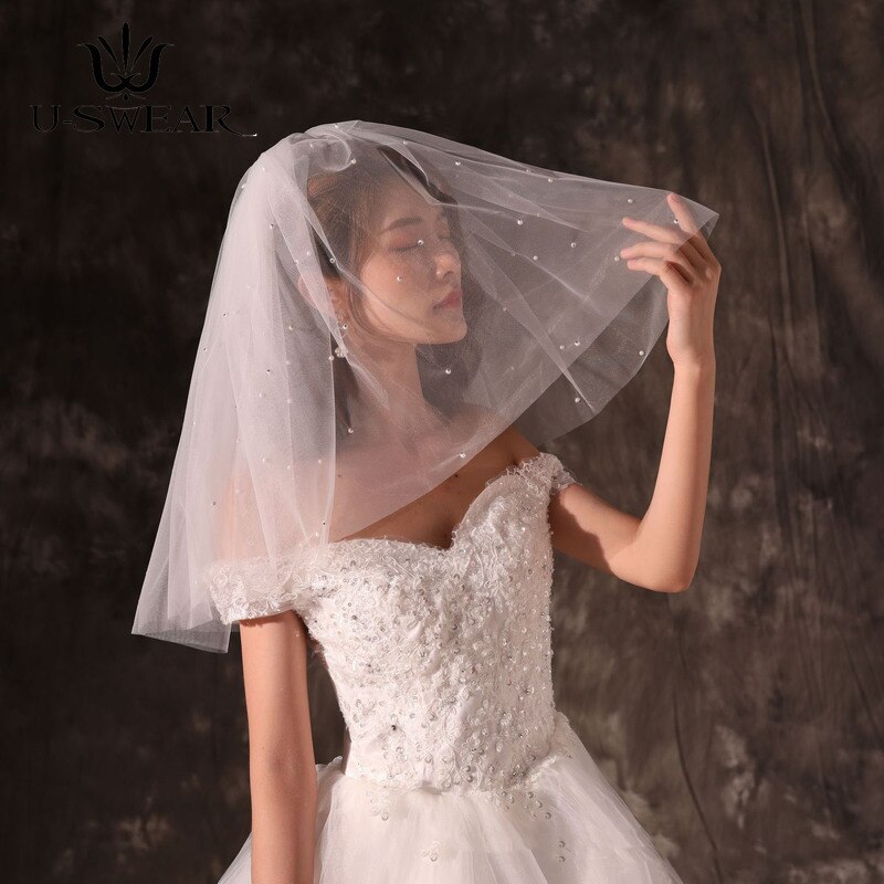 2 Layer Princess Puffy Pearl Short Veil with Metal Hair Comb Bride Velo De Novia Wedding Accessories Bridal Veils