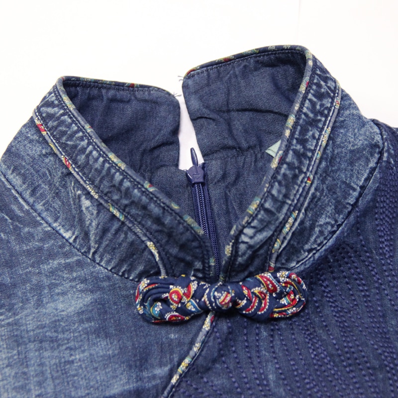 Kjole kvinder yuzi.may boho efterår denim kvinder kjoler a-line mandarin krave vintage vestidos  a82111 vestido