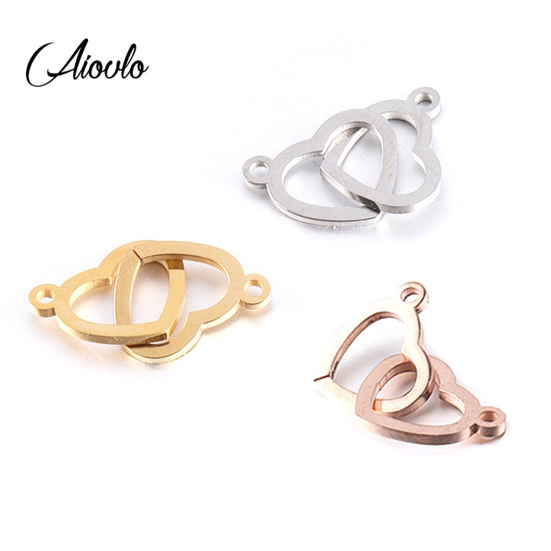 Aiovlo 5 Stks/partij Rvs Double Heart Charm Connector Voor Armband Ketting Hollow Hangers Diy Sieraden Maken Levert