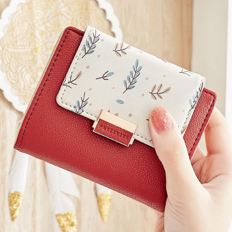 Brand Women Wallet Small Short Fold Purse Printing Contrast color Female Coin Purse Multifunction Coin Pocket: Brown