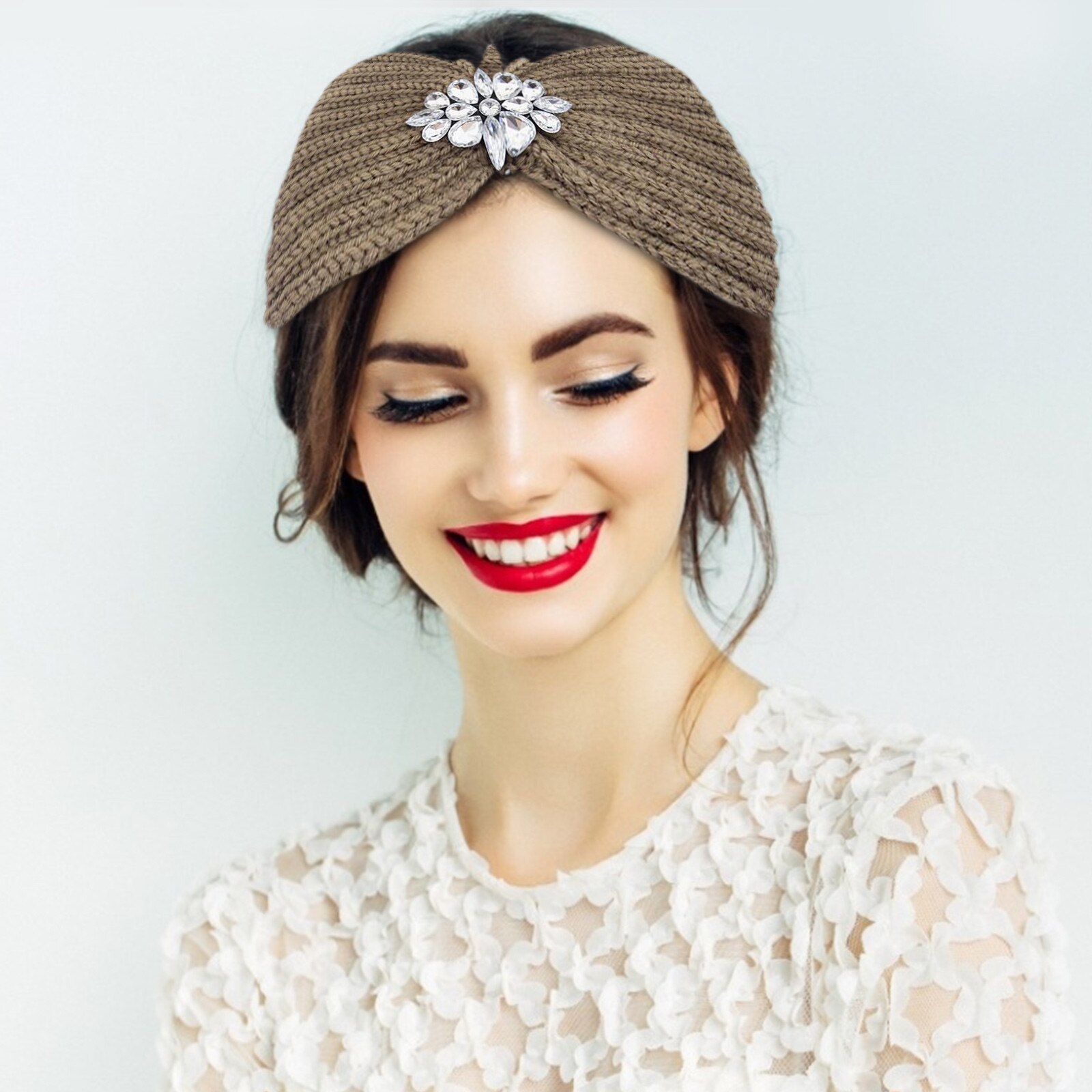 25 # turbante cinta ancha para el pelo para mujer, diadema tejida con diamantes de agua, envoltura para la cabeza de invierno, accesorios elásticos, tocados de Color sólido: D