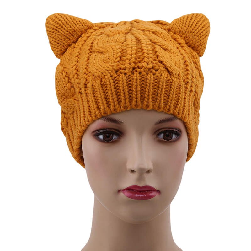 Gorro con orejas de gato y cuernos de diablo para mujer, gorra tejida a ganchillo, gorros de lana tejidos a la , gorros cálidos para invierno y otoño: Yellow