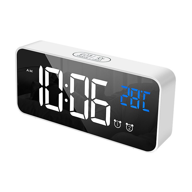 LED Mirror Alarm Clock Sound-Activated Clock Rechargeable Bedside Music Clock Stylish simplicity bed clocks home decor: B