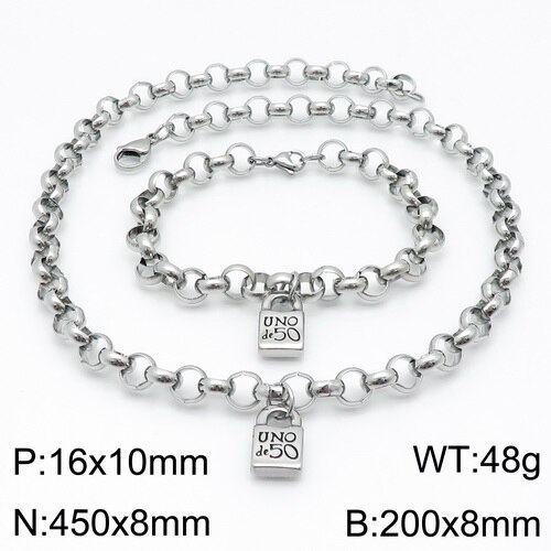 femmes hommes couleur argent or acier inoxydable serrure ronde clé Uno 50 boule perle Bracelet collier ensembles de bijoux: 8