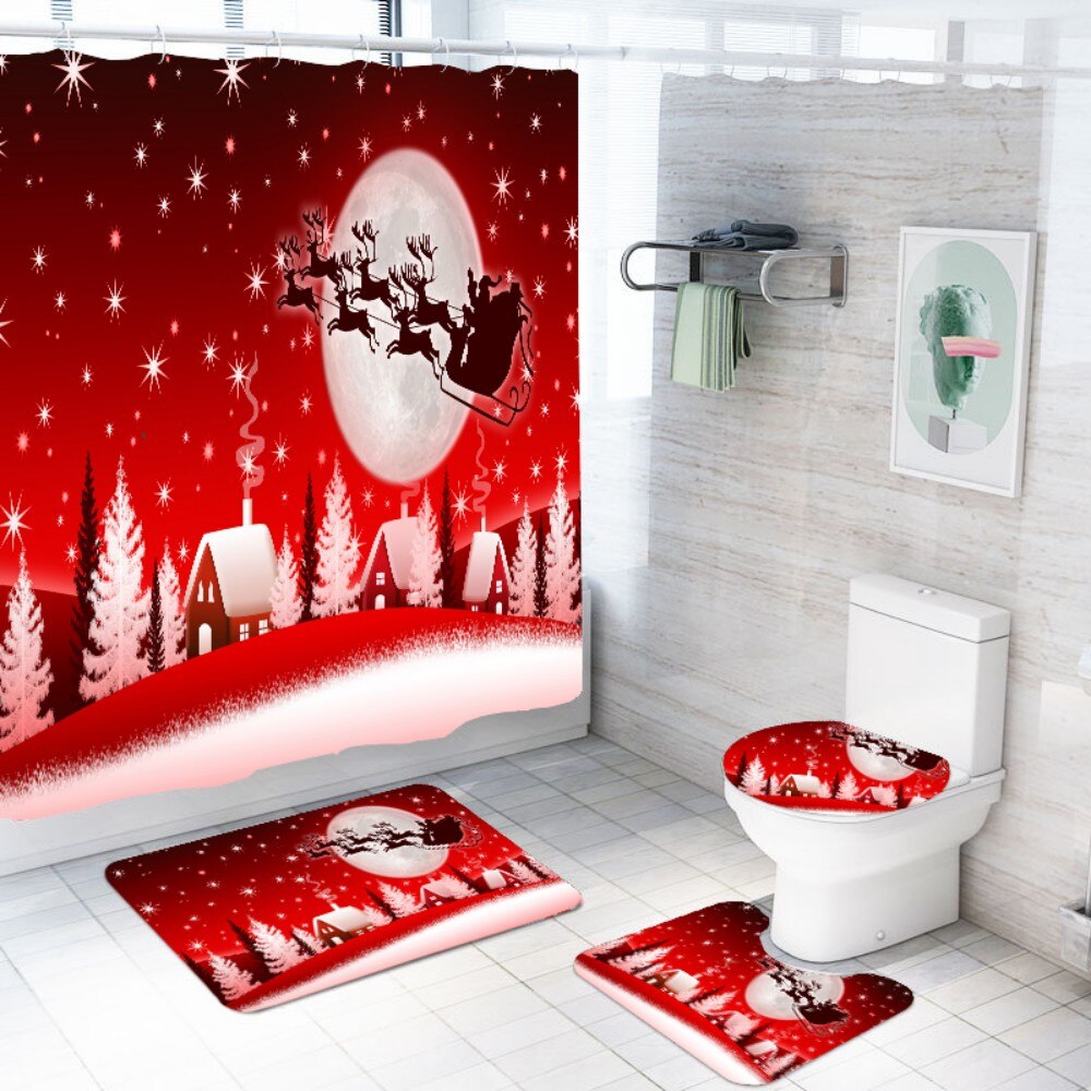 180 x 180cm bruseforhæng piedestal tæppe låg toiletbetræk måtte skridsikker bademåtte sæt badeværelse 3/4 stykke glædelig jul badetæppe sæt: Farve -9