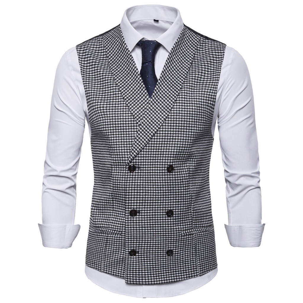 houndstooth Waistcoat Men Suit Vest Autumn Winter Formal Bussiness double breasted chalecos para hombre d91026: wh / XXL
