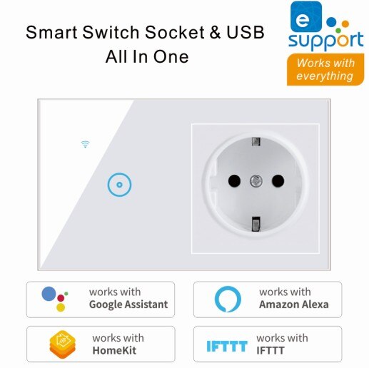 2 In 1 Wall Smart Switch Socket Tempered Glass for Ewelink and smart life APP Touching Button Wall Smart Light Controlling Panel: 1gang white