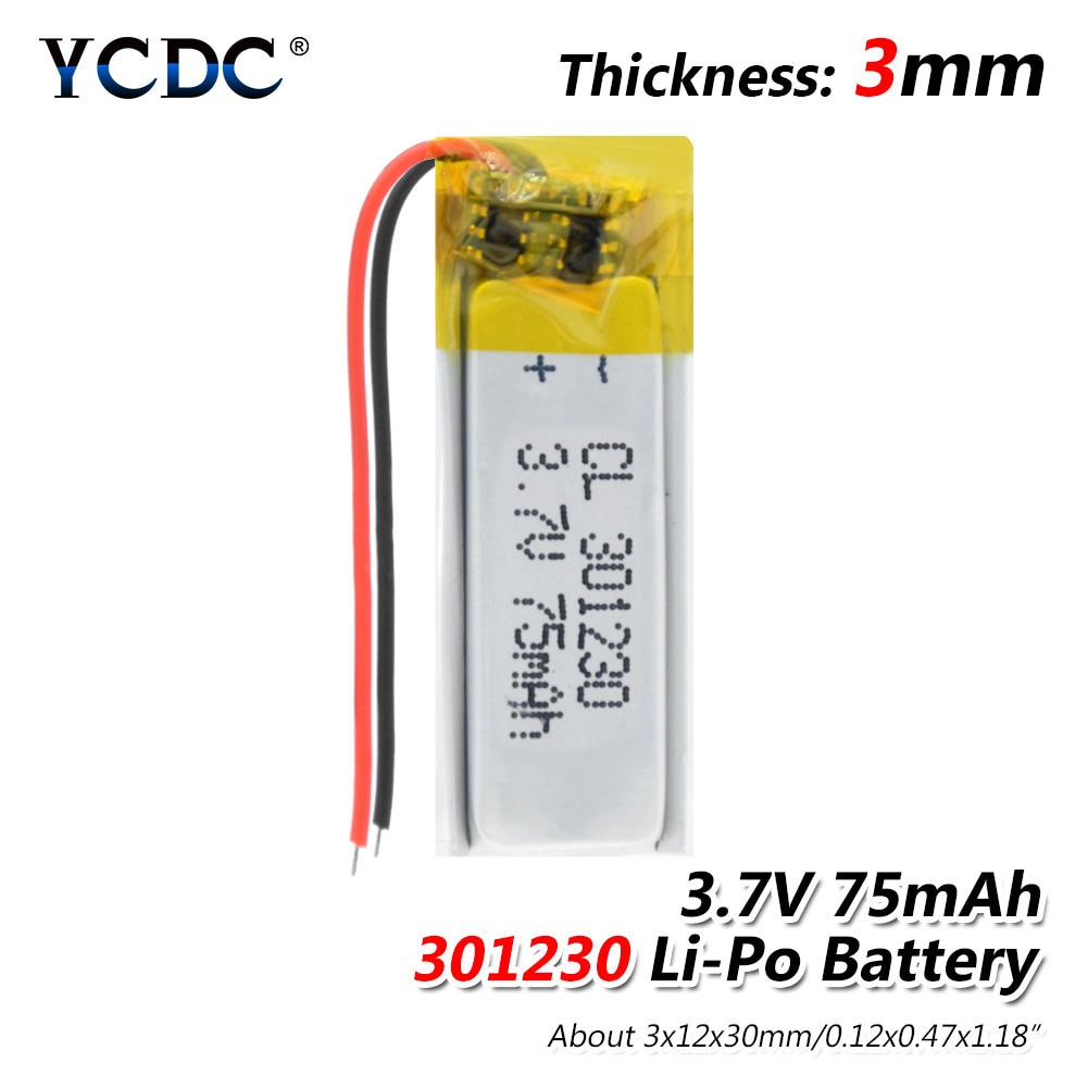 Bateria esperta do polímero do lítio da pulseira de mp3 para a gravação bluetooth da pena bateria de lítio da pilha 3.7v lipo 301230 75mah para o fone de ouvido