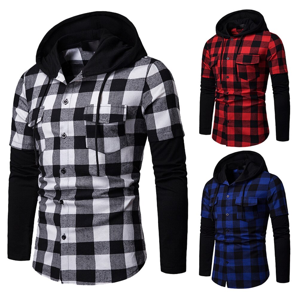 Mænds casual slim fit skjorte plaid hætte med to lommer langærmet top skovhugger ternet skjorte jack tøj 205 #39