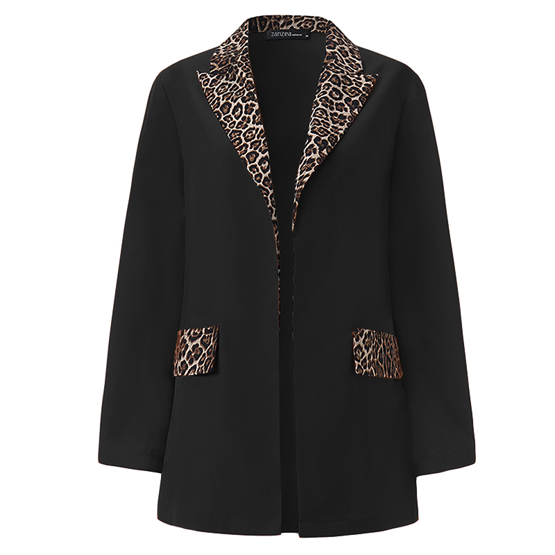 ZANZEA Patchwork Leopard Blazer Frauen lässig Revers Nacken Blazer Verdicken Langarm Mantel Jacken Outwear Plus Größe: Schwarz / XXXL