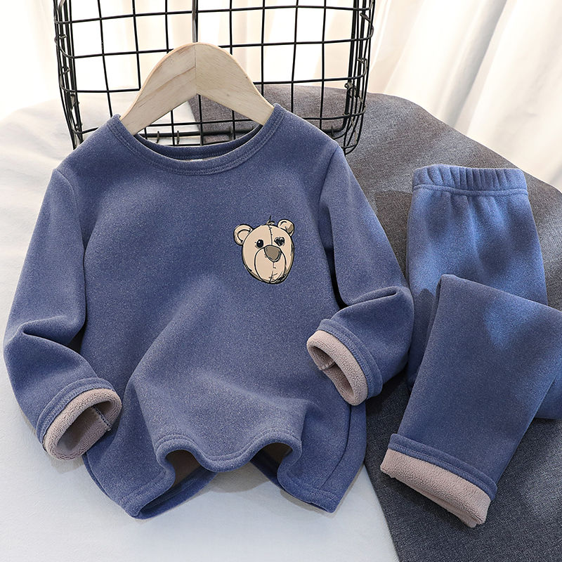 Pijamas cálidos para niños y niñas, traje acolchado de terciopelo, pantalones de fondo, ropa de invierno: Blue / 110cm