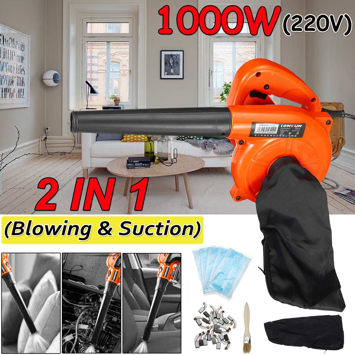 1000W 220V soplador de aire eléctrico soplador de aire aspirador soplador de polvo de recolección de polvo 2 en 1 limpiador de colector de polvo de ordenador
