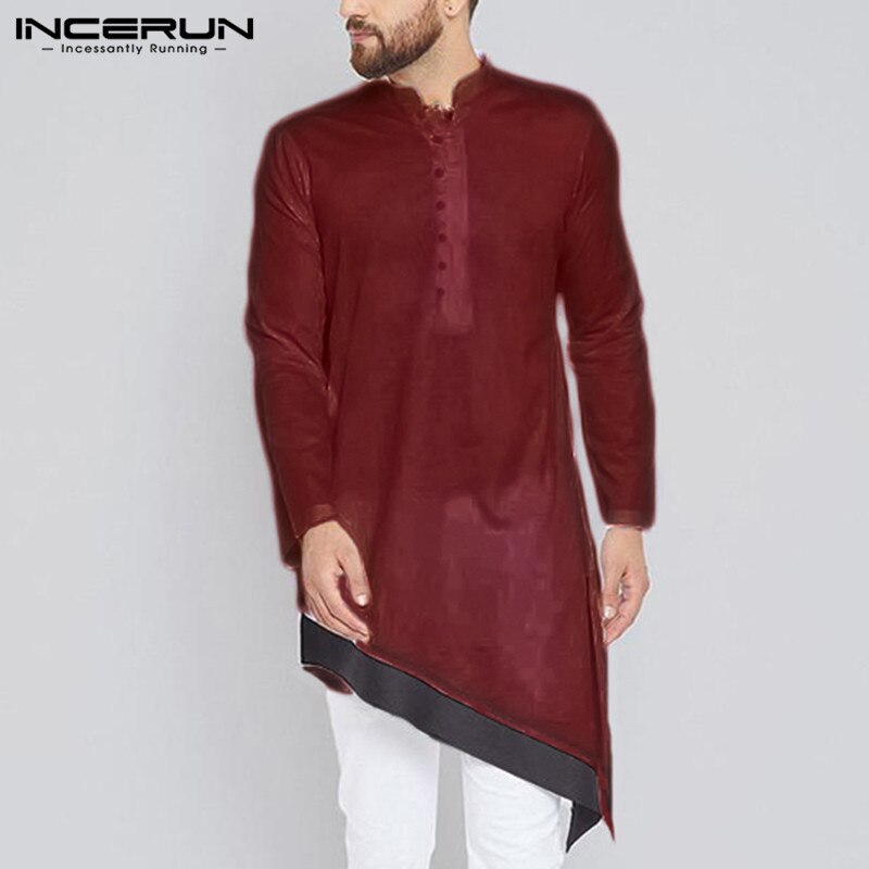 Incerun islamitische kleding heren onregelmatig overhemd staande kraag lange mouw indiase kleding patchwork vintage lange shirts heren s -5xl
