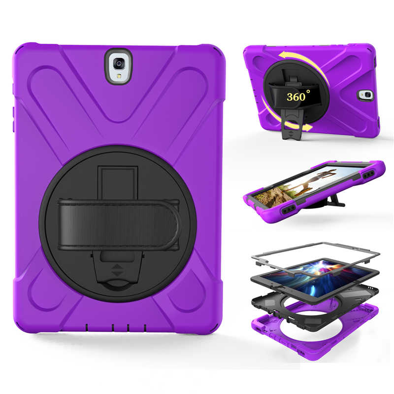 Armor coque voor samsung galaxy tab  s3 9.7 sm-t820 t825 handriem 360 draaibare standaard hoes voor samsung  t820 t825 hoesje 9.7 '': Paars