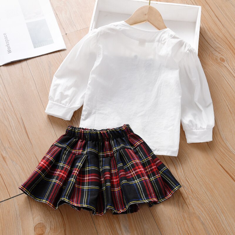 Shirts for Little Girls White Blouse+red Black Plaid Skirt Preppy Style Classic Children Clothes Retro Ruched Blouse Tops