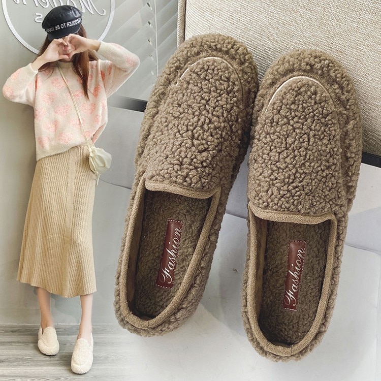 Vinter kvinnor loafers lamm ull skor kvinna lägenheter slip on skor päls bigh varm dam skor svart brun båt sko 8556l
