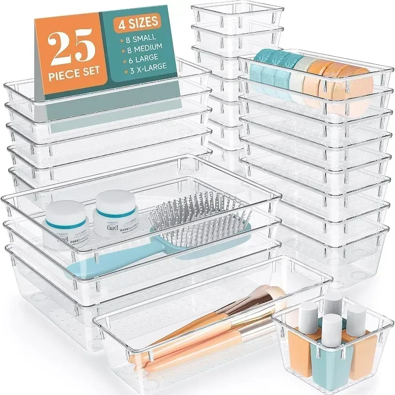 24/16/8/4 Stück Schubladen-Organizer-einstellen, durchsichtiger Kunststoff, Schreibtisch-Trennblätter, Behälter, Schlafzimmer, Kommode, Büro, Aufbewahrungsbox für machen-hoch-Spielereien: Silber
