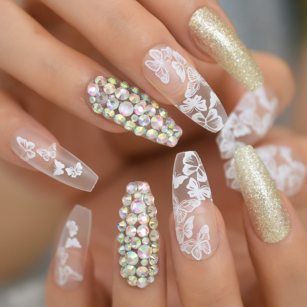 Faux ongles transparents en forme de papillon et paillettes pour Nail Art, pointes de pour Salon, été, 24