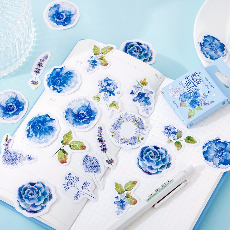 46PCS Blue Flower Phone Stickers Aesthetic Decoracion Scrapbooking Accessories Sticker Flakes Stationery Supplies