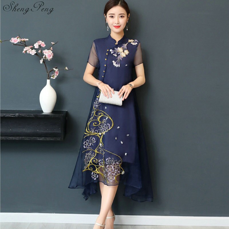 Vestido Qipao largo estilo Cheongsams, vestido tradicional chino de talla grande, flores de verano, Vintage, túnicas orientales V922: L